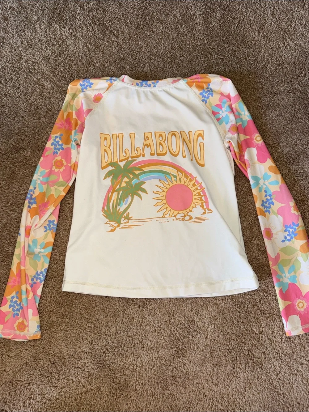 Billabong Girls' White Rashguard with Pink & Orange Floral Sleeves